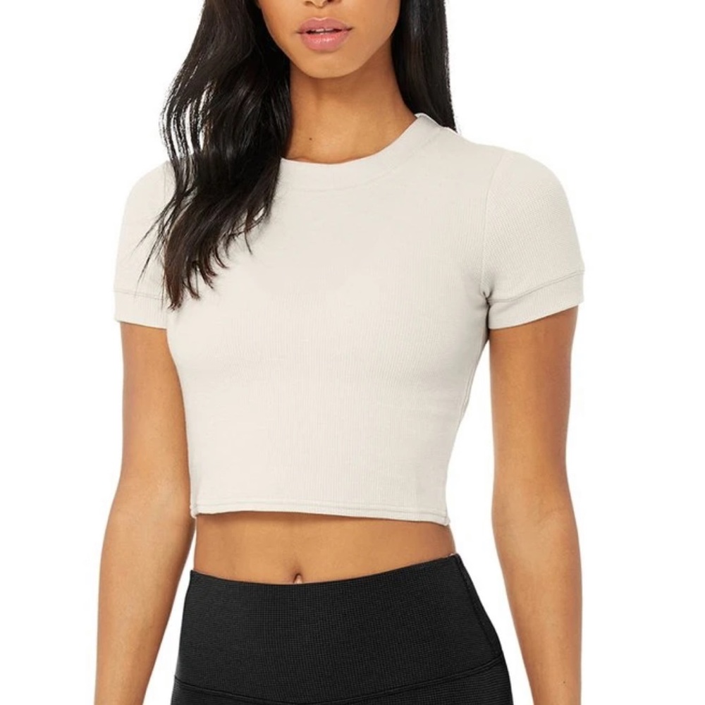 ALO Yoga Women's Short Sleeve Ribbed Crop Tee in Light Cream